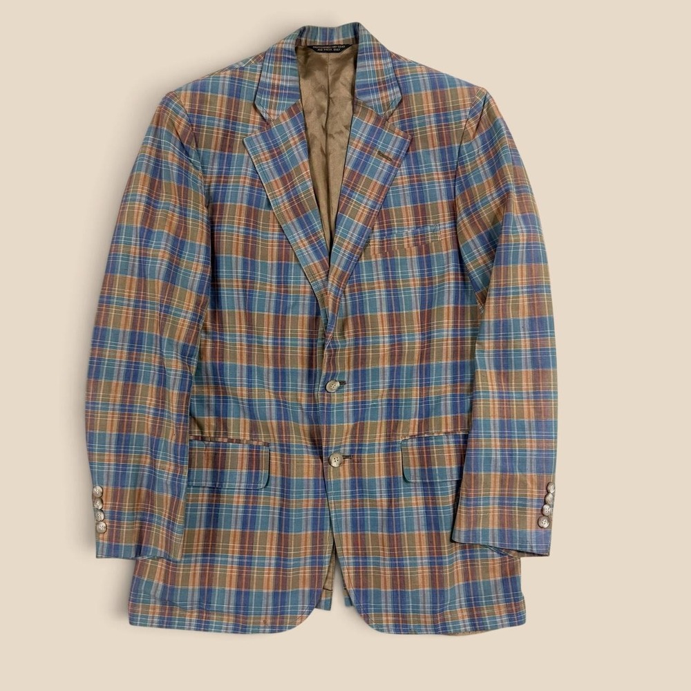 Vintage 80s Haspel Barneys Madras Plaid Sport Coat Blazer Jacket 38 Multi Blue